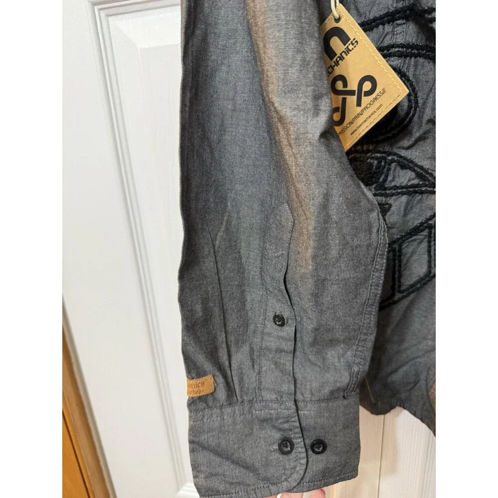 Live Mechanics Men’s XL Gray Chambray Cotton Button-Up Shirt Embroidered Patches